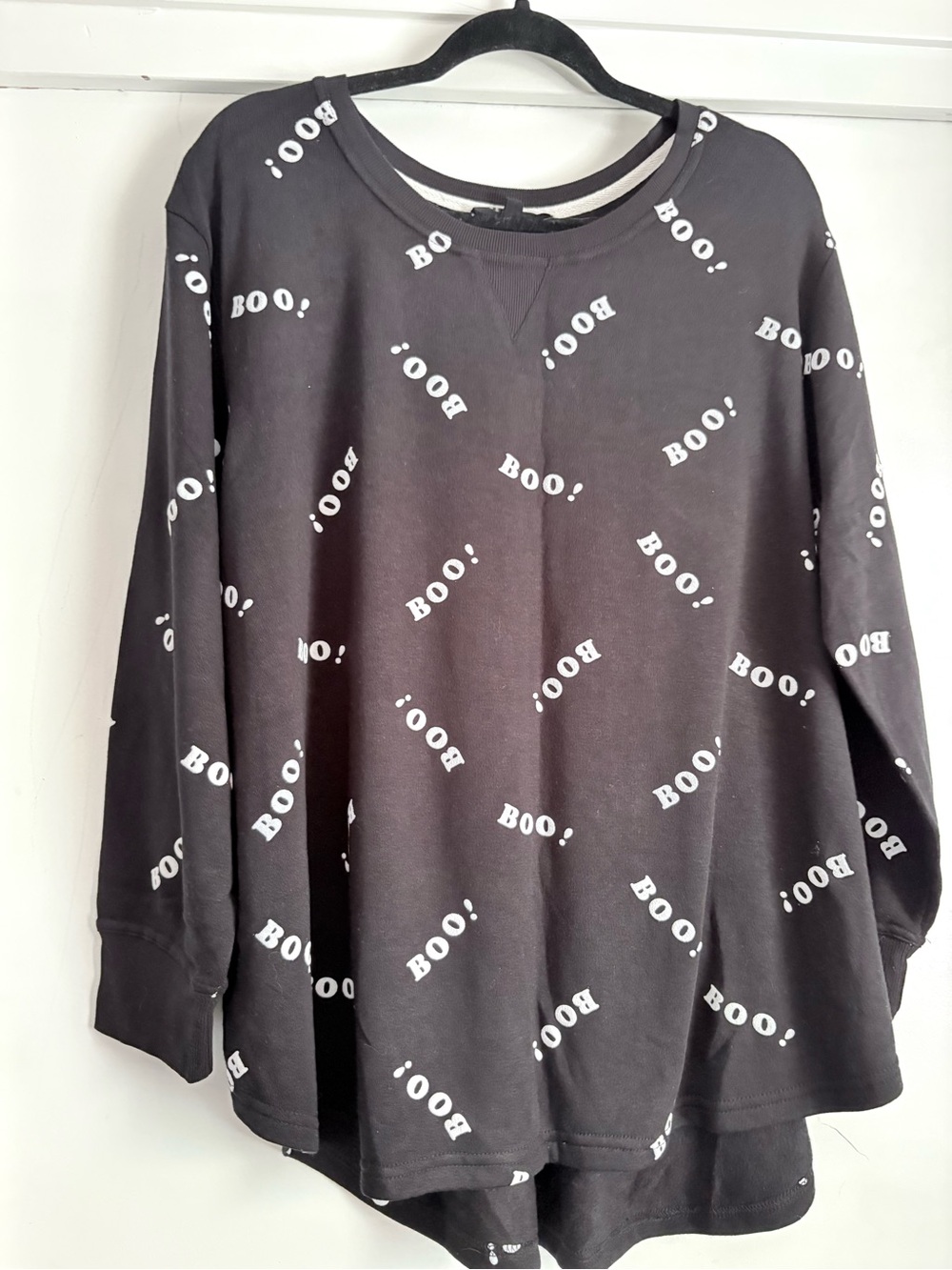 Jane and Delancey Black Crewneck Sweater with White BOO! Print